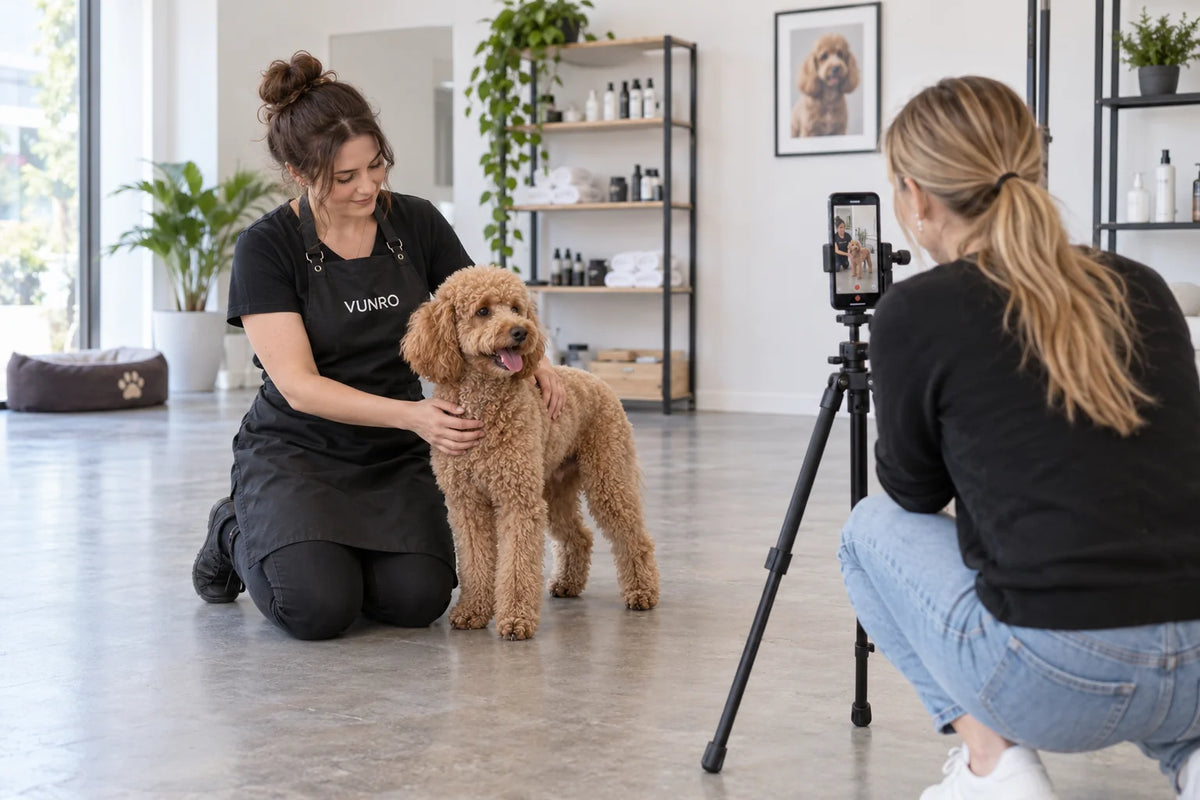 Illustrative handler beside a relaxed poodle on the floor while a separate creator films from a distance.