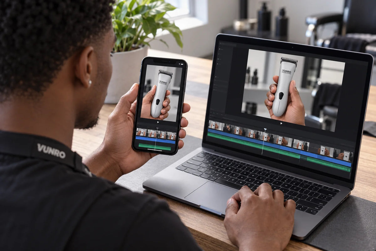 Illustrative VUNRO creator editing an authentic D-Series clipper demonstration on a portrait phone and laptop.