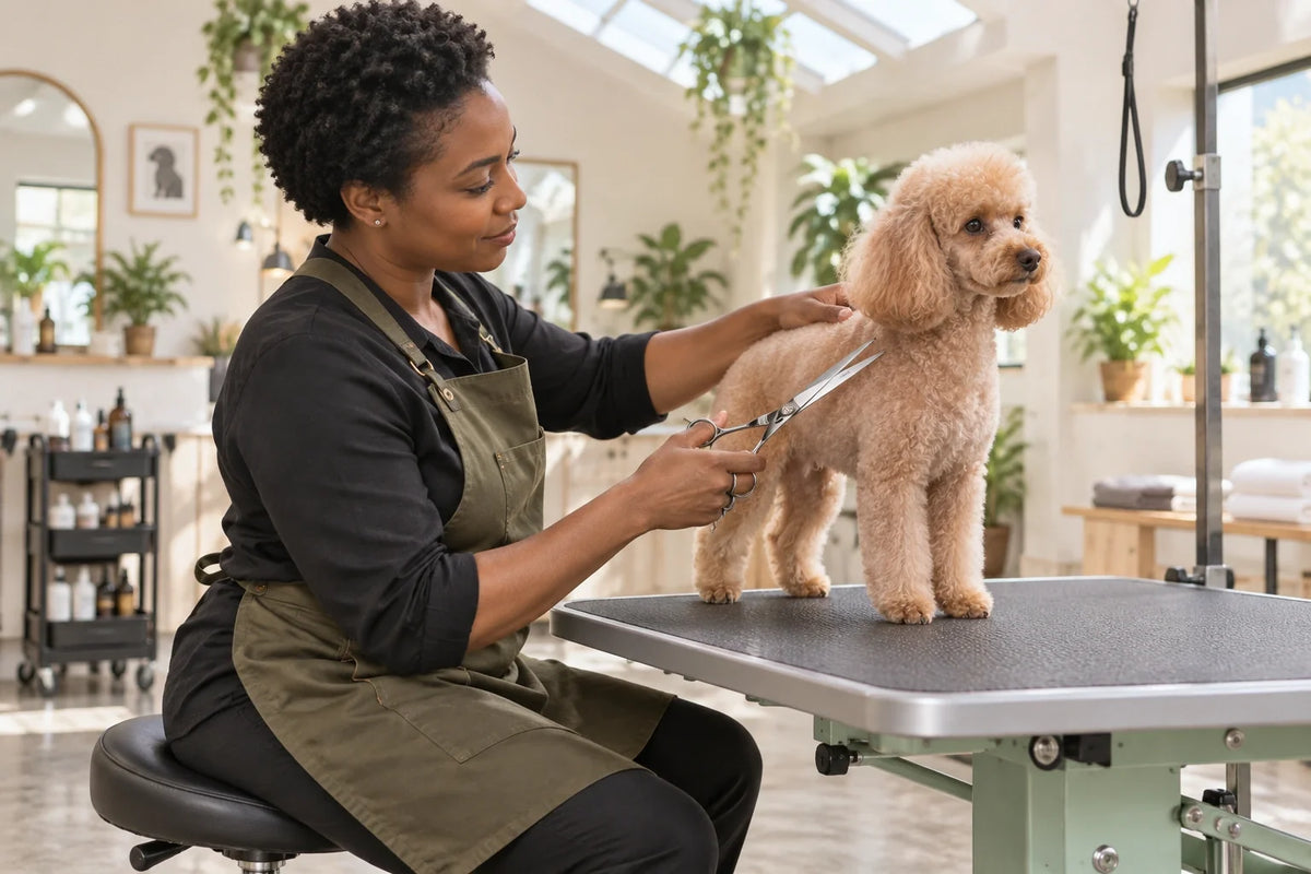 Seated groomer using VUNRO straight scissors beside a small apricot poodle at a suitable table height