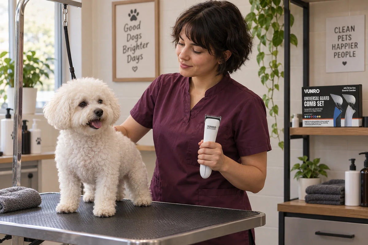 Groomer with a Bichon, VUNRO D-Series clipper and Universal Guard Comb Set