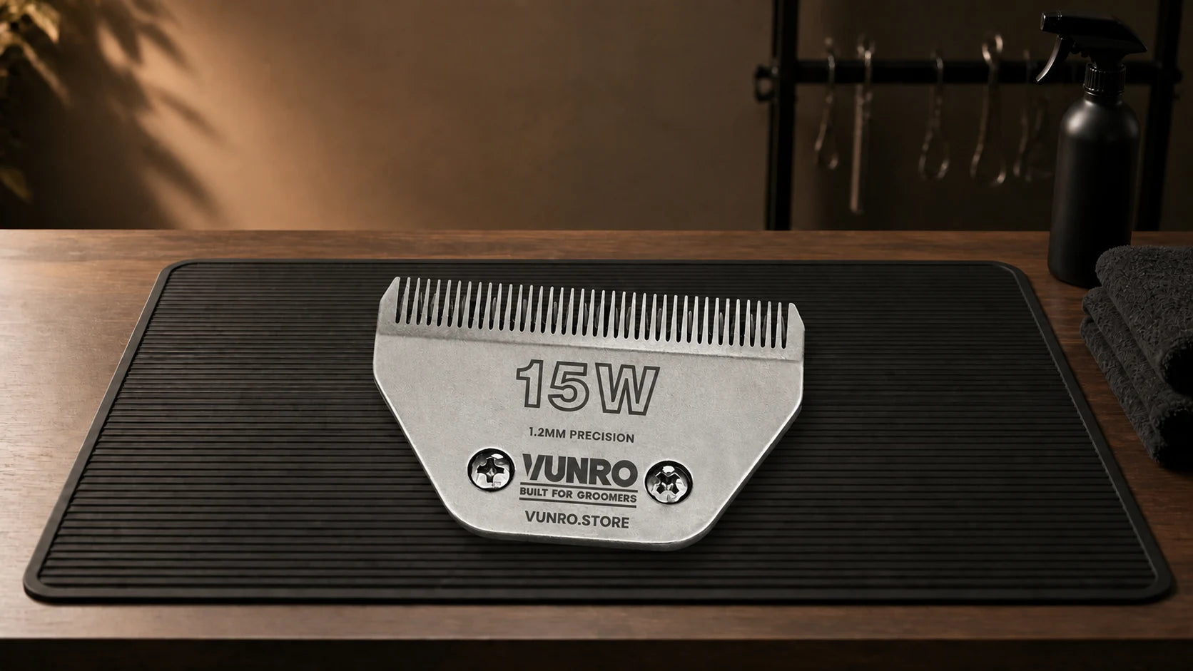 #15W Dog Clipper Blade (1.2 mm) resting naturally on the VUNRO grooming workbench